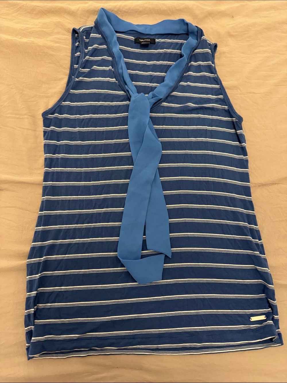 Nautica Blue & White Striped Sleeveless Tie-Neck Tank